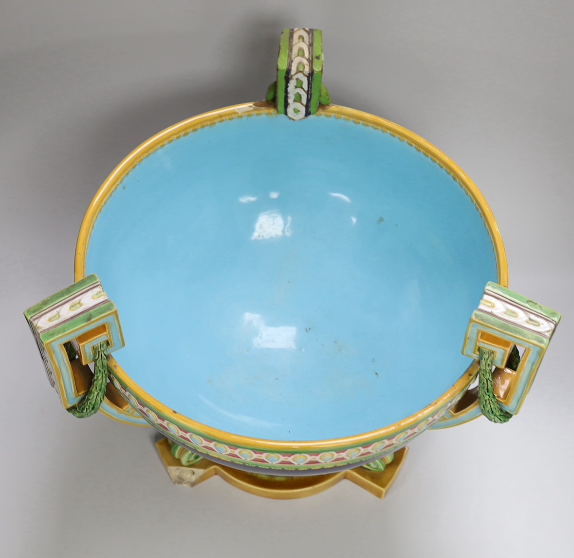 A large Minton neoclassical revival majolica pedestal bowl (a.f.) 34cm tall